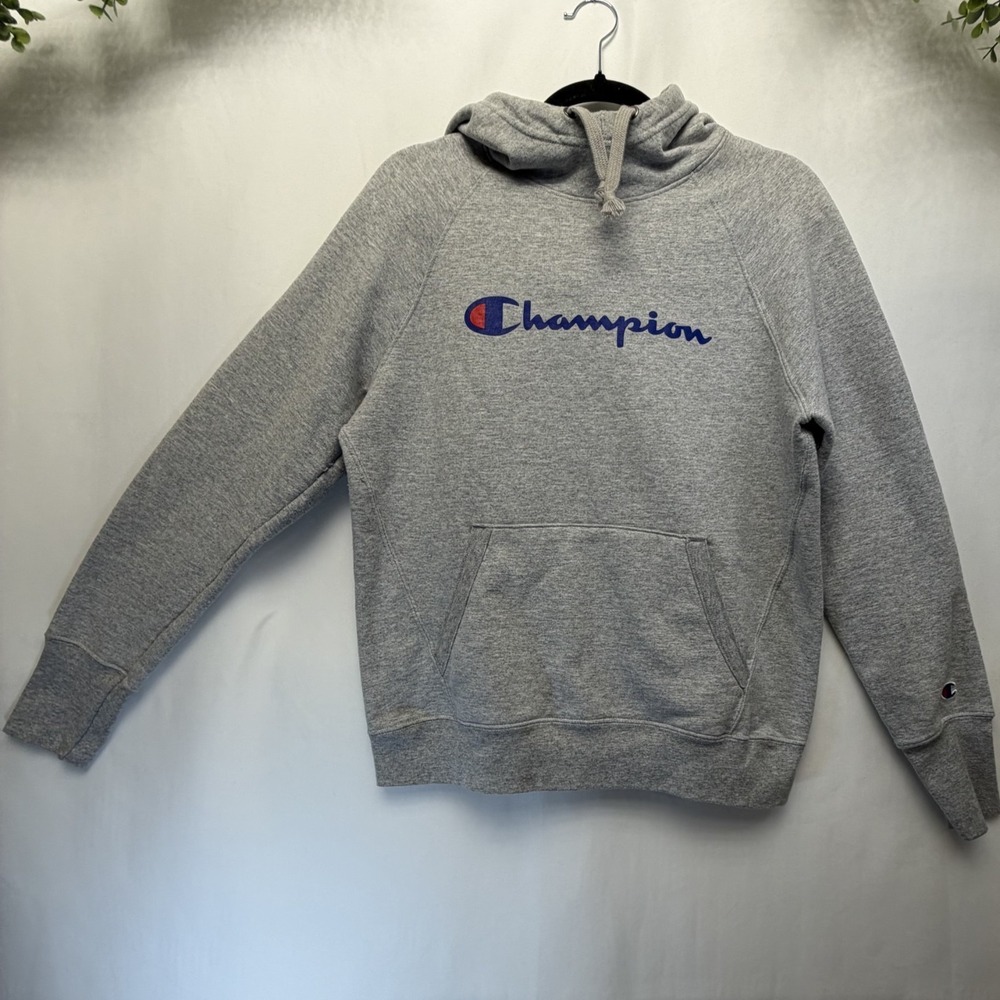 Champion Hoodie Mens Medium Gray Solid Pullover Fleece Logo‎ Pockets